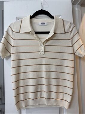 Never worn 🤎Cream and Tan Striped Polo Knit Top
